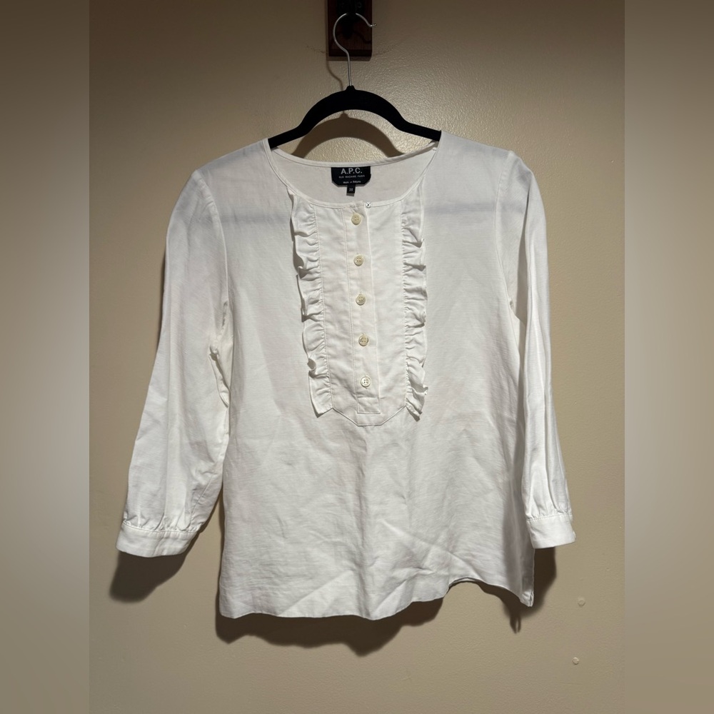 A.P.C.  Rue Madame Paris 3/4 sleeve ruffle front blouse tencel linen blend - Picture 2 of 7